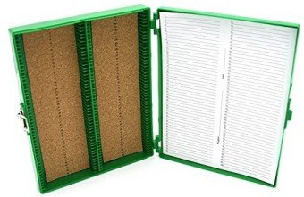 Caja de plastico verde para 100 Portaobjetos