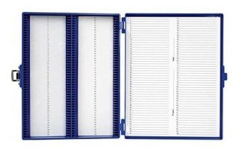 Caja de plastico azul para 100 Portaobjetos